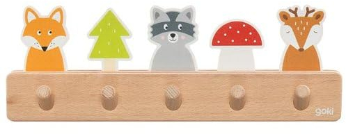 goki 60662 - Garderobe Waldfreunde aus Holz, Kindergarderobe mit 5 Haken, Niedliche Waldmotive Fuchs, Waschbär, Reh, Hakenleiste für Kinderzimmer, Fördert Ordnung und Selbstständigkeit, ab 1 Jahr