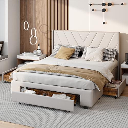 fortuna Lai lit 140x200cm, lit Double avec Grand tiroir et 2 Petits tiroirs, Lit Rembourré avec Sommier à Lattes en Bois, pour Adultes et Adolescents, en Lin, Beige (140x200 cm)
