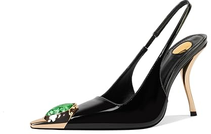 CAGLGLZ Women's Slingback Stiletto High Heels Crystal Metallic Closed Pointed Toe Pumps Patent Leather Slip on Elastic Strap Heeled Sandals Fashion Party Dress Shoes for Women, Black, 6 UK