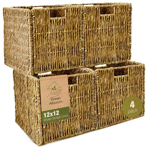 4 Pack Collapsible Storage Bins - 12x12 Wicker Storage Cubes, 12 inch Storage Baskets For Organizing, IKEA Shelves, Kallax Inserts, Closet, Office – Foldable Storage Basket For Shelves, Toys, Clothes