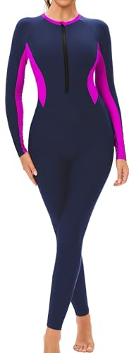 SEAUR Dam helt kroppsbaddräkt En del dragkedja fram Rash Guard badkläder UPF 50+ Långärmad dykbadkläder för snorkling, ROSA, M