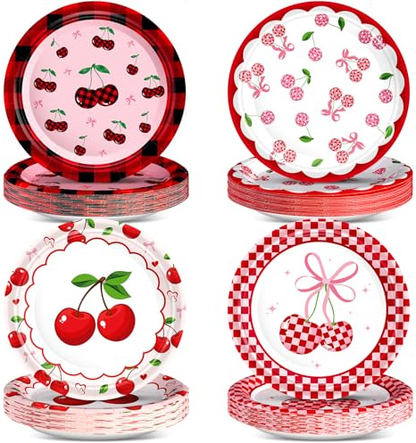 Zhehao 48 Pcs Cherry Birthday Party Decorations Cherry Party Plates 7 Inch Pink Bow Coquette Dessert Disposable Paper Plates for Birthday Summer Tropical Picnics Baby Shower Wedding Bridal Shower