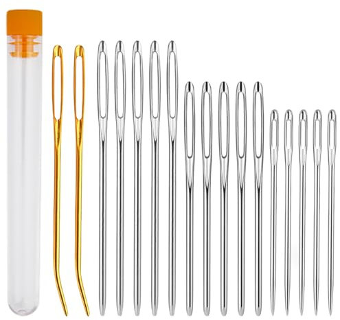 Kzouenzu Großäugiges Nadelset [17 Stücke], 4 Größen Große Augen Nadeln [5,3cm, 6cm, 7cm], Wollnadel Zum Vernähen Groß Auge Stumpfe Nadel Mit Transparenter Flasche