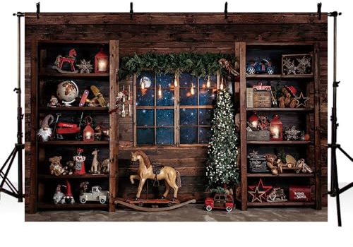 MEHOFOND 8x6ft Christmas Backdrop Winter Log Cabin Window Frame Toy Xmas Tree Santa Claus Christmas Backdrops For Photography Adult Child Family Portrait Party Decoration Banner Studio Supplies