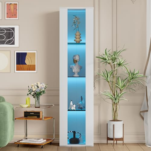 Merax Vitrine Moderne Blanc,Bibliothèques 40x29x170 cm avec Éclairage LED Multicolore, Glastrennwand et Télécommande/App, Design Épuré, pour Exposition de Collection et Décoration