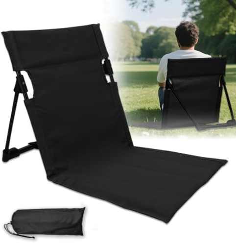 Zinueen Solstol med ryggstöd - Strandmatta - Hopfällbar stol - Strandstol - Bärbar sittplats för camping, picknick, utomhusaktiviteter, solstol med stödbåge (svart)