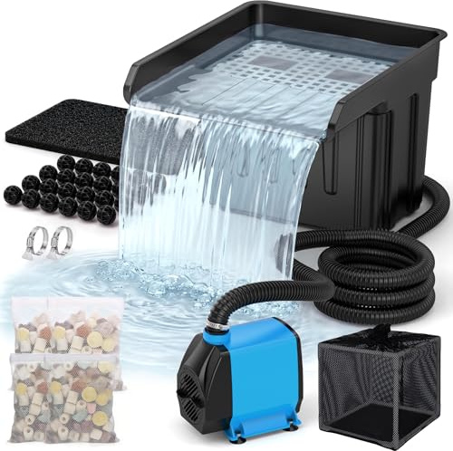 Kit de vertedero de cascada para estanque, filtro de cascada de estanque con bomba silenciosa de 3700 l/h y jaula de filtro, tubo corrugado de 4 m, medios de filtro para estanques al aire libre de