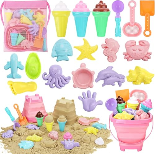 KAHEIGN Giocattoli da Spiaggia a Tema Gelato, Castello di Sabbia con Secchiello Pieghevole, Palette, Borsa a Rete, Giocattoli da Viaggio per Bambini, Neonati, Maschi e Femmine, Età 3-10 Anni