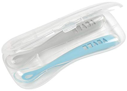 BEABA Baby's First Stage Baby Feeding Spoon Set with Travel Case, The Original Soft Tip Silicone Baby Spoons for Babies, Travel Set, Gum Friendly BPA Lead Phthalate and Plastic Free, Rain + Cloud