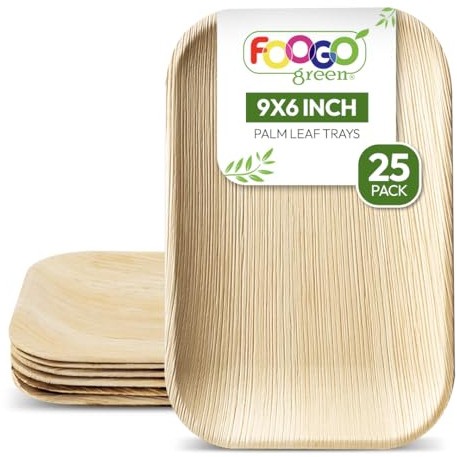 FOOGO Green 25 Disposable Palm Leaf Serving Trays, Medium 9x6 inch (22x15cm), For Starters And Desserts, Parties, Sturdy, Eco Friendly, Biodegradable Like Wooden Trays For Hot Food