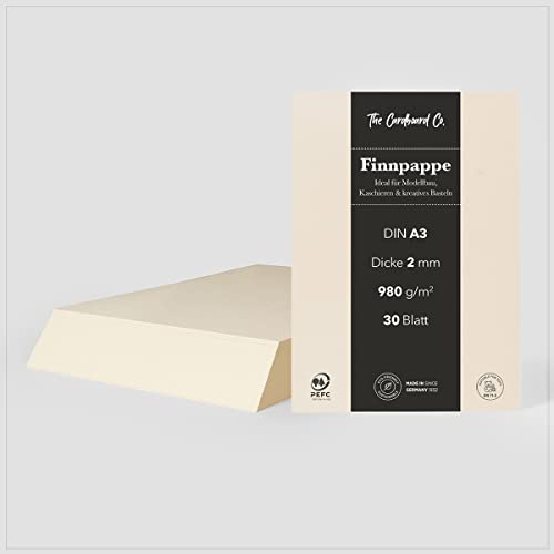 TheCardboardCo Lot de 30 feuilles de carton finn, 2 mm (980 g/m²), format A3 (297 x 420 mm), pour le modélisme, le laminage et le bricolage créatif, blanc naturel
