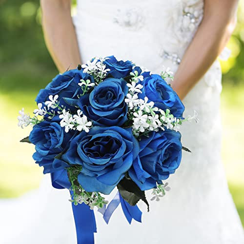 JYCRA Bouquet de roses artificielles pour mariée, demoiselle d'honneur, bouquet de roses artificielles en soie pour cérémonie de mariage (bleu)