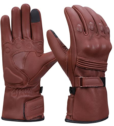 Harssidanzar Guantes de Moto Hombre, Cuero Genuino Masculino Pantalla táctil de Dedo Completo Forro Aislante de Calor Delgado Impermeable Guantes de Motocicleta KM048,Ensillar,S