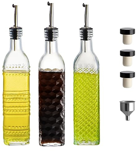 MDLUU Oil and Vinegar Dispenser Set, 17oz Clear Glass Olive Oil Bottles, Kitchen Vinegar Decanters with 3 Spouts, 3 Plugs, 1 Funnel, Pack of 3