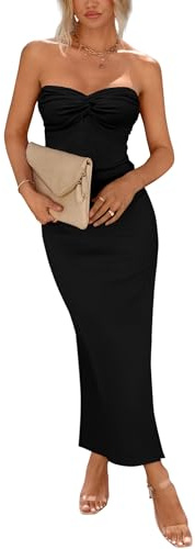 PRETTYGARDEN Women's Bodycon Long Dresses Summer Strapless Tube Twist Knot Front Ribbed Knit Maxi Cocktail Dress with Slit (Black,Medium)