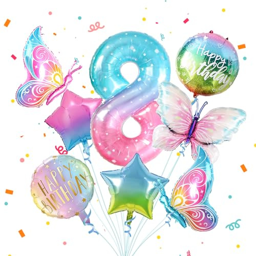 Partyhausy 8 fjäril födelsedag dekoration flicka, 8 st färgglada fjärilar folieballong 8, siffror ballong 8 år födelsedagsdekoration för 8-årsdag flicka dekoration