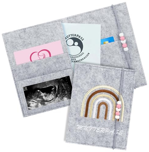 Auauraintt Mutterpasshülle aus Filz, Handgefertigte Mutterpass-Hülle, Mutterpass-Schutzhülle mit Fächern Geeignet für Ultraschallbild Versichertenkarte Impfpass(Hellgrau)