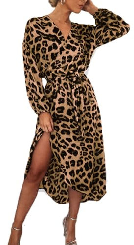 BSLVWG Damen Sexy Leopard Print Midi Kleid Langarm Krawatte Wrap Kleider für Frauen V-Ausschnitt Damen Casual Kleid Herbst Winter (DE/NL/SE/PL, Alphanumerisch, M, Regular, Regular, Braun)