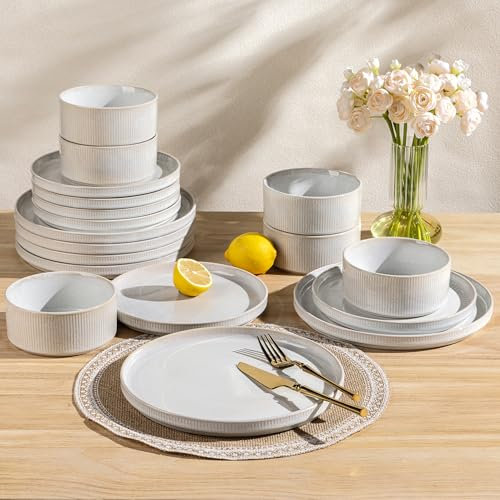 GBhome Stoneware Dinner Sets for 6 People, 18 Pieces Reactive Glaze Handcrafted Plates and Bowls Set, Scratch Resistant Dinnerware Set, Dishwasher & Microwave Safe Crockery Set, Beige