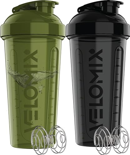 VELOMIX Paquete de 2 botellas mezcladoras de proteínas de 28 onzas para mezclas de proteínas, 2 batidores de alambre, vasos mezcladores a prueba de fugas para batidos de proteínas, paquete de botellas