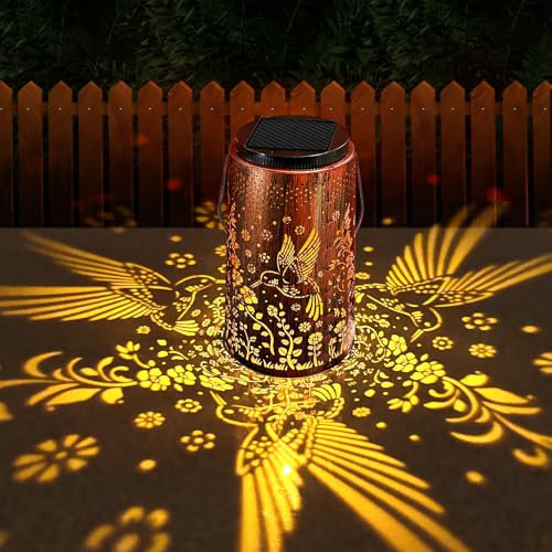 SHEDALED Solar Lanterns Outdoor Waterproof, Upgraded Amber & White Lighting Modes Adjustable, Metal Hanging Garden Solar Lights Decoration, Bird Pattern Garden Ornaments Gifts for Women Mum Grandma