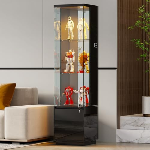 Gurexl 65 Tall Display Cabinets with Lockable Glass Doors,Glass Bookcase Bookshelf with Lights and 3 Tier, Modern High Gloss Cupboard with Human Sensor for Living Room Bedroom,Collection,Black