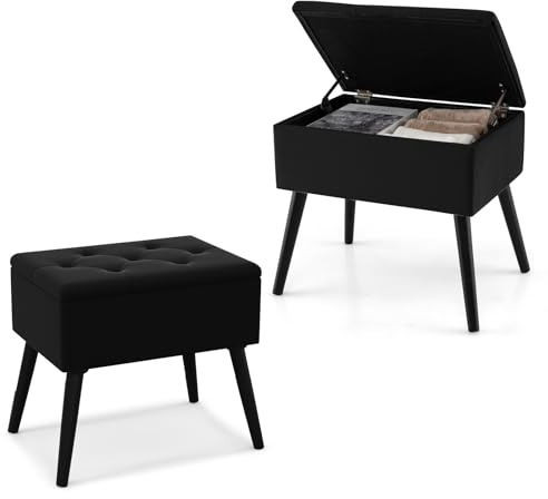 HOMASIS Puff Almacenaje, Baúl de Almacenaje Rectangular, con Asiento Acolchado Abatible, Taburete de Tocador de Terciopelo con Patas de Madera para Salón Dormitorio (Negro)