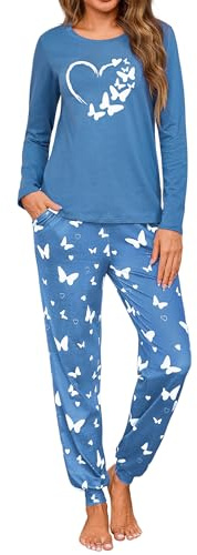Leversic Pyjama Femme Hiver Coton Manches Longues Haut Imprimé Papillonet Pantalon Long Confortable pour la Maison S-XXL