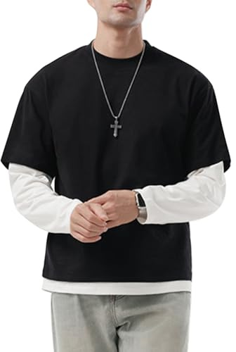 Hombre Conjunto de 2 Piezas para Cuello Redondo Camisas Lisas con Varias Capas Jersey Informal Ajuste Holgado Negro M
