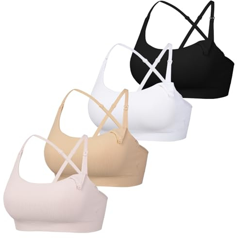Astrélie Women's Nursing Bra 4 Pack Wireless Seamless Postpartum Feeding Sleep Bra with Removable Pads
