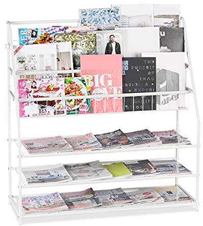 Relaxdays XL Magazine Rack H 96 x D 97 x D 37 cm Metal Standing Magazine Rack for Living Room White 1 Piece