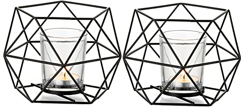 Romadedi Teelichthalter Kerzenhalter Metall Schwarz - 2er Set Geometrisches Teelichter Kerzenständer Stumpenkerze Windlicht Modern Geo Deko für Tischdeko Party Hochzeit Wohnzimmer Weihnachten