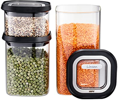 GEFU Vorratsdosen-Set PANTRY - luftdichter Deckel, Vorratsglas für Lebensmittel, Vorratsbehälter aus Glas, spülmaschinengeeignet, 3-teilig