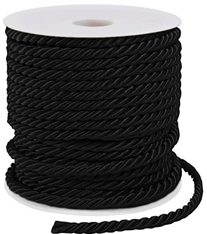 LEREATI Black Twisted Cord Rope 5mm x 25m, 3-Ply Polyester Cord Soft Craft Rope Satin Cord Trim, Decorative Twisted Macrame Cord for DIY Craft Curtain Tieback Honor Cord Gift Bags Home Decor
