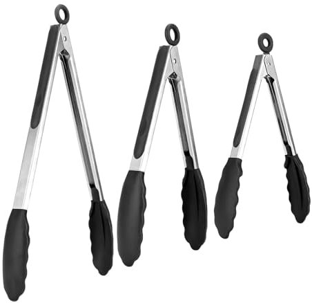 Pinze da Cucina in Acciaio Inox Silicone 3 pezzi, Pinze Barbecue Antiscivolo, Pinza Spaghetti, Nero(21cm,27cm und 34cm)