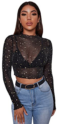 GORGLITTER Women's Star Print Mesh Top See Through Crop Tee Tops Lettuce Trim Long Sleeve Mock Neck T Shirts Sexy Sheer Crop Top Black M