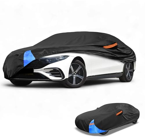 Partuto Universellt fullt exteriör sedan bilöverdrag vattentätt alla väder utomhus heltäckande regn sol UV-skydd 190T polyester svart blå passform för sedanlängd upp till 429 cm