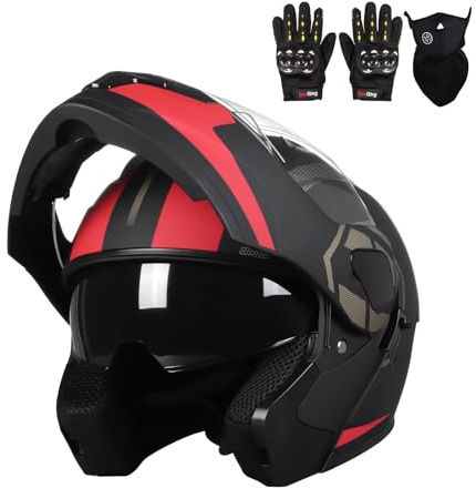Adult Modular Motorcycle Helmets, DOT Approved Flip up Dual Visor Full Face Helmet for Men Women Moto ATV UTV Snowmobile ADV Four Wheeler Street Bike with Gloves & Mask (Black Red, M)