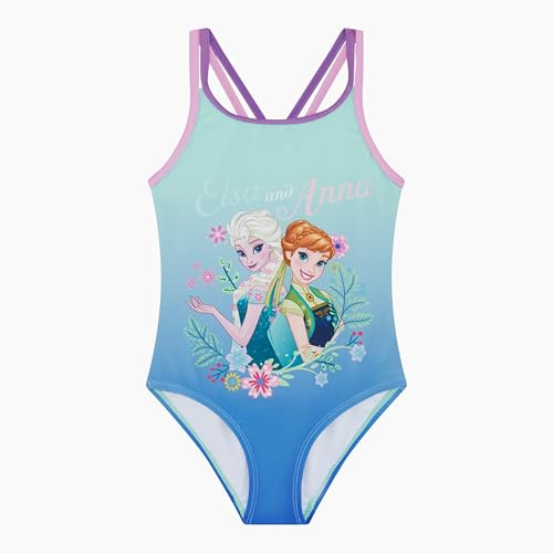 Disney Frozen Official Girl's Swimwear, One Piece Swimming Costume Featuring Anna and Elsa, Aqua, Age 4-5 Years