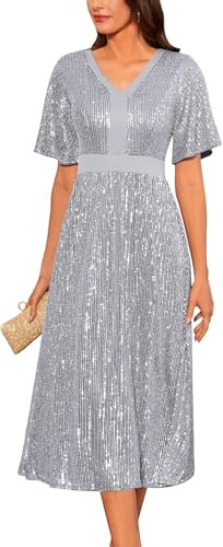 Mujer Lentejuelas Cuello en V Volantes Manga Imperio Cintura Brillante Brillo Una Línea Cóctel Vestidos Formales (Plateado,l)
