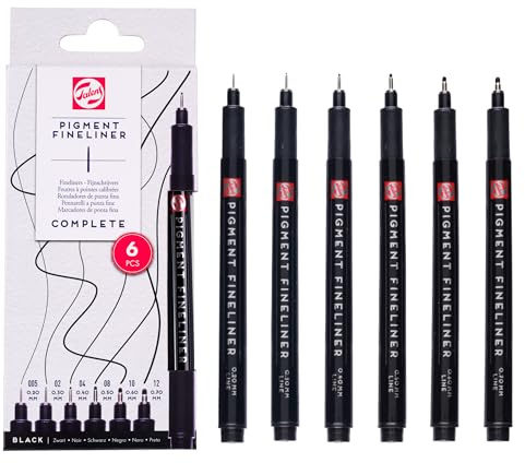 Talens Pigment Fineliner Set Completo, 6 piezas, 0,20 mm - 0,70 mm, tinta resistente a la luz, permanente, a base de agua para dibujar, hacer bocetos, escribir y tomar notas
