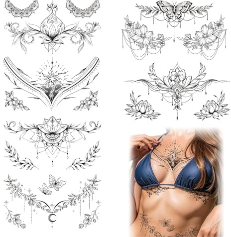VelvetGlow 6 Sheets Large Black Flower Chest Underboob Temporary Tattoos For Women and Waist Back Fake Tattoos For Girl Adults, Realistic Mandala Flower Branch Tattoo Stickers Body Art