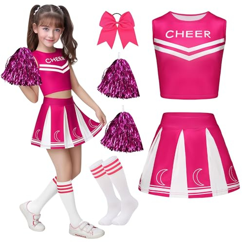 Costume da cheerleader per bambini, da cheerleader, per ragazze, da cheerleading, uniforme, con elastico per capelli, pompon e calzini da cheer leader, per bambini, costume di carnevale, Halloween