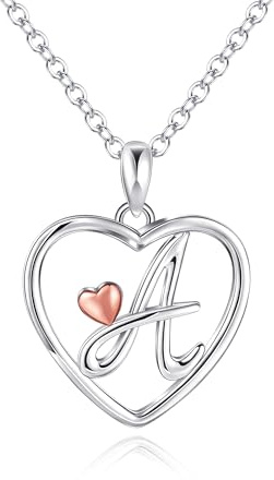 Mesovor Initial Heart Necklaces for Women, Sterling Silver Necklace with Rose Gold Heart | Personalized Jewelry Gifts for Mother Wife Daughter Sister (Letter-A)