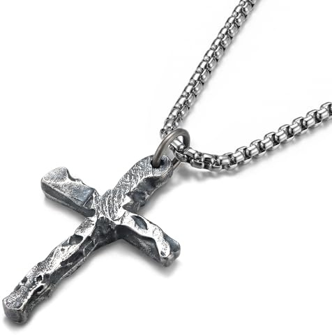 MUSECLOUD 925 Sterling Silver Cross Necklace for Men Non Tarnish 316L Stainless Steel Chain Necklace Lightweight Oxidized Strength Cross Pendant Box Chain Christian Presents for Boyfriend 20 In