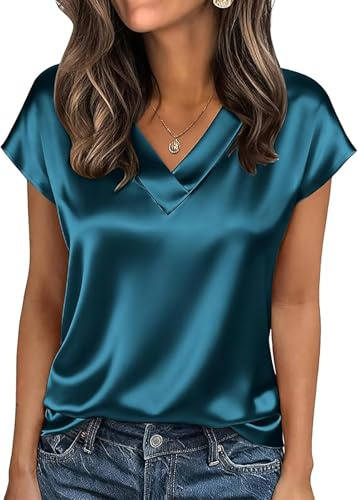 RUISHH Camisetas Manga Corta Satén para Mujer con Cuello en V Elegante Blusa Informal Satin Shirt Azul XXL