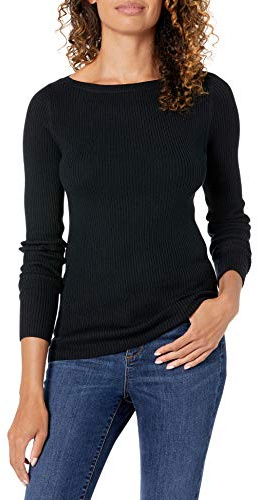 Amazon Essentials Women's Lightweight Ribbed Long-Sleeve Boat Neck Slim-Fit Sweater, Black, Medium