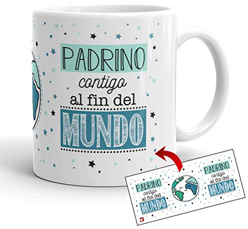 Kembilove Taza el Mejor Padrino del Mundo – Taza con Mensaje Padrino contigo al Fin del Mundo – Regalo Hermana Original – Regalos Originales para cuñados – Tazas Originales para Familiares