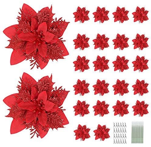 N&T NIETING Lot de 24 fleurs de poinsettia artificielles à paillettes pour sapin de Noël, couronne, décorations avec 24 tiges et clips