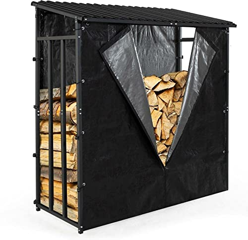 TERRE JARDIN - Range Bûches Extérieur 186 x 70 x 185 cm - Abri Bois de Chauffage avec Housse Protection - Support Bûches Extérieur en Acier Galvanisé Robuste - Résistant aux Intempéries